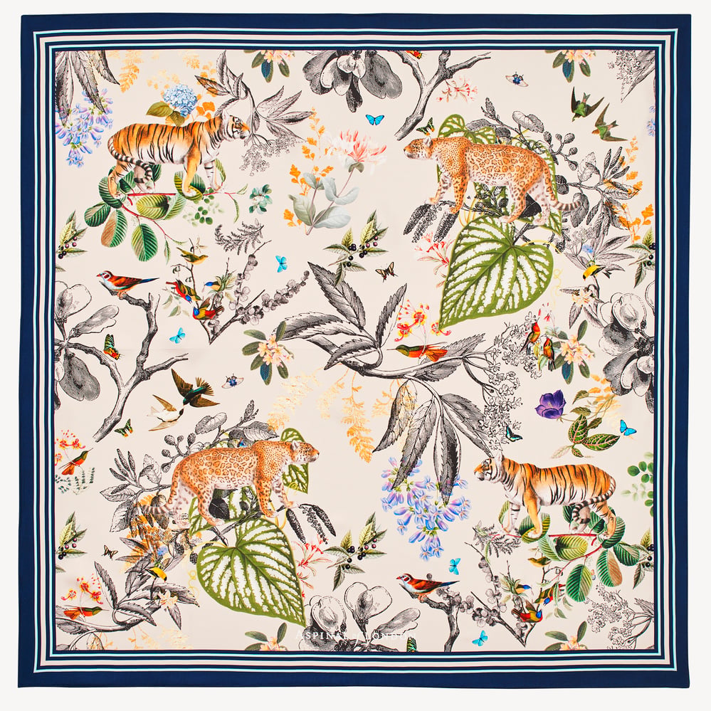 Tigers & Leopards Silk Scarf Soft Taupe Pure Silk