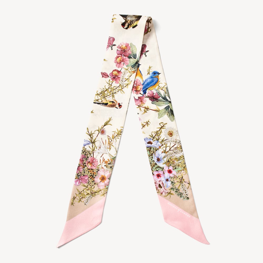Edwardian Garden Skinny Silk Scarf Putty Pure Silk