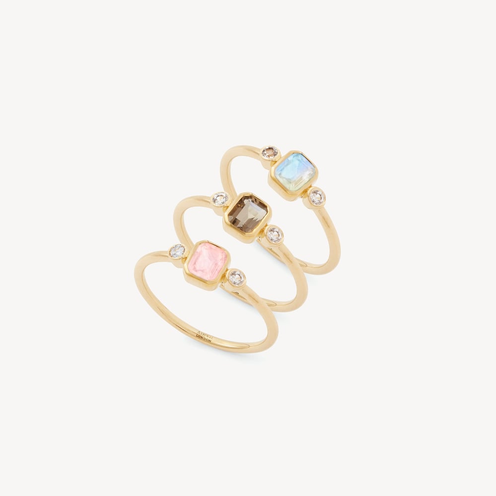 Set of 3 Gemstone Rings Smoky Quartz, Rainbow Moonstone & Rose Quartz