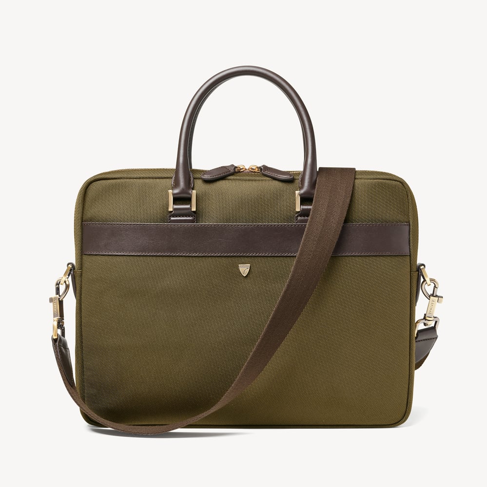 Slim Nylon Briefcase Olive Nylon Canvas with Leather Trim