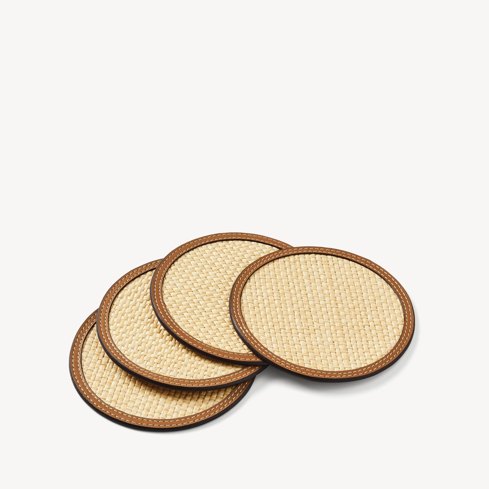 Set of 4 Coasters Natural Raffia & Smooth Tan