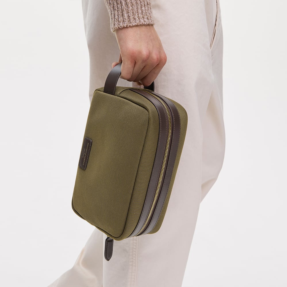 Men's Wash Bag Olive Nylon Canvas with Leather Trim