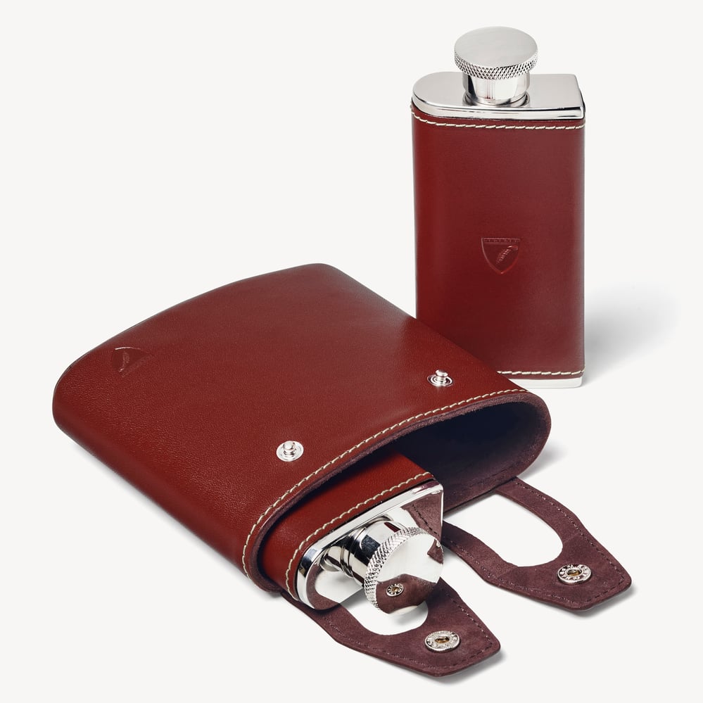 Double 6oz Leather Hip Flask Smooth Cognac & Espresso Suede