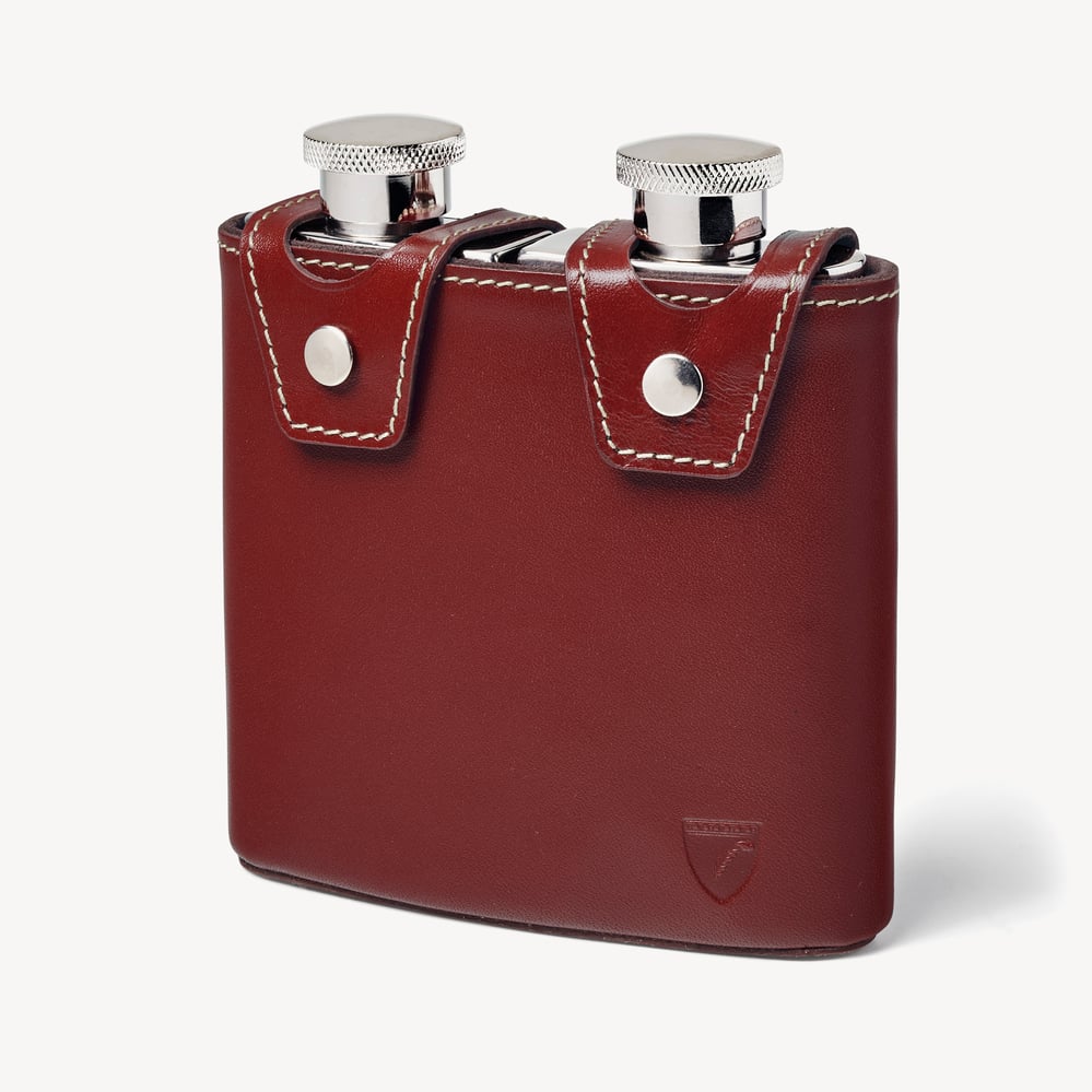 Double 6oz Leather Hip Flask Smooth Cognac & Espresso Suede