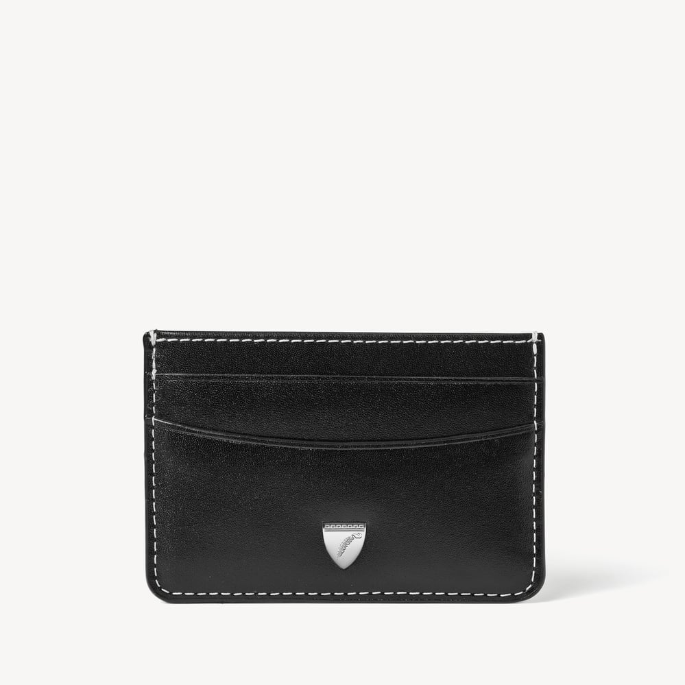 Slim Credit Card Holder Smooth Black with Ecru Stitching
