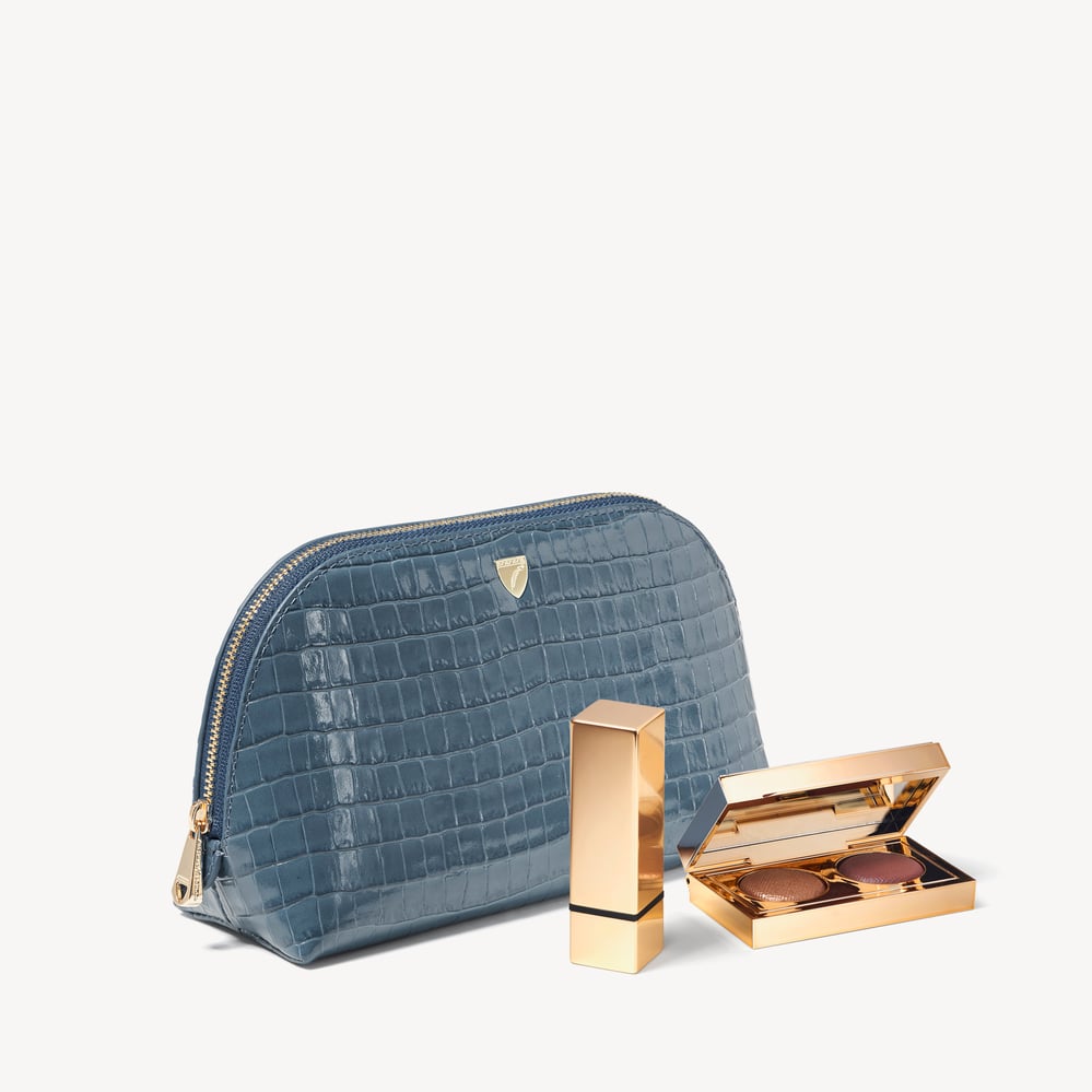 Classic Makeup Case Deep Shine Peacock Blue Small Croc