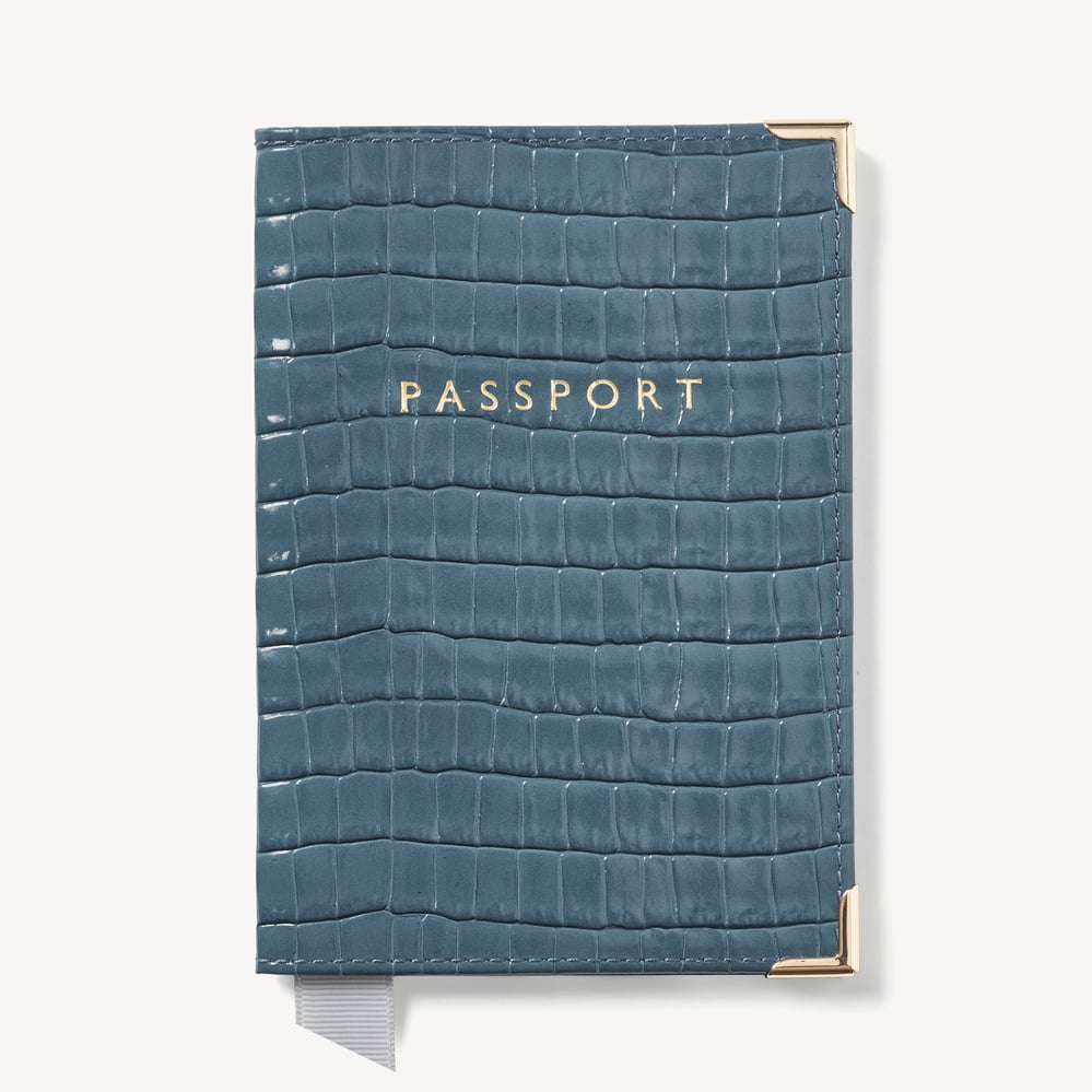Passport Cover Deep Shine Peacock Blue Small Croc