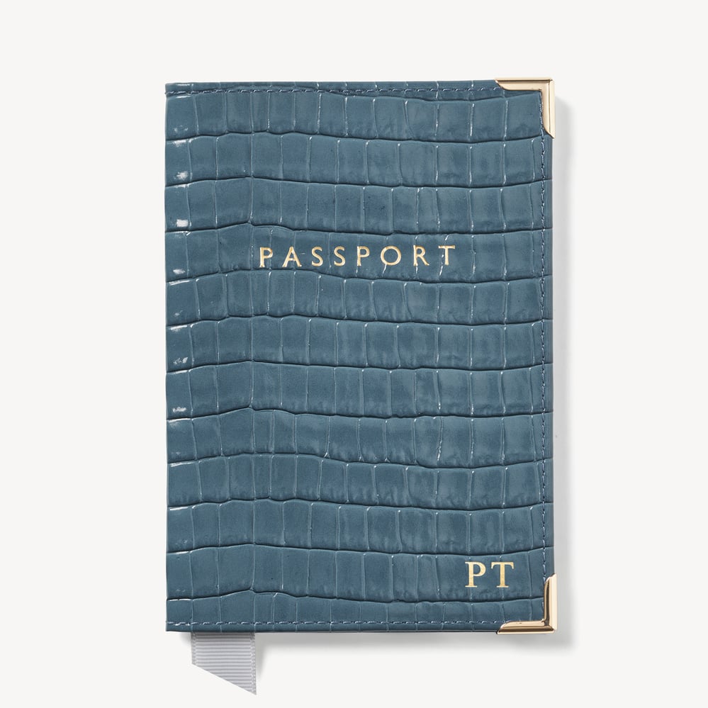 Passport Cover Deep Shine Peacock Blue Small Croc