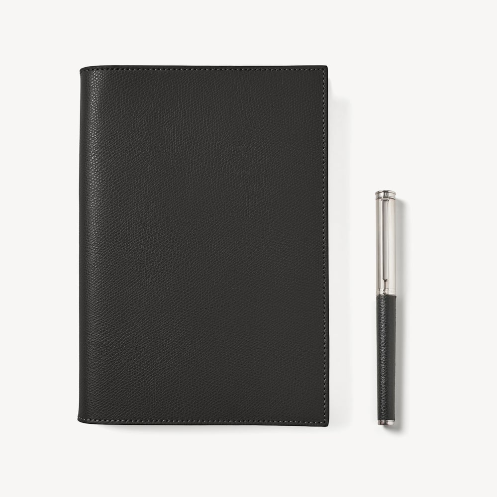 A5 Refillable Journal & Pen Set Black Soft Saffiano