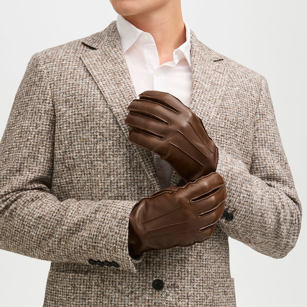 Men's Cashmere Lined Leather Gloves Mid Brown Nappa