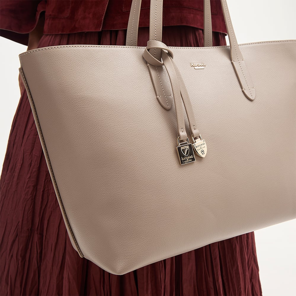 Zipped East West Tote with Shield Charm Moleskin Soft Saffiano