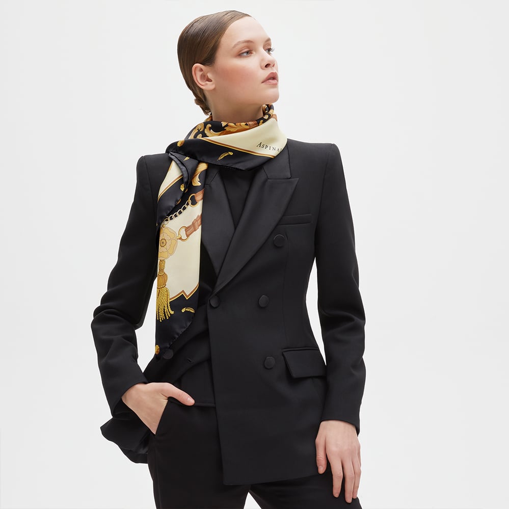 Aspinal Signature Shield Silk Scarf Black Pure Silk