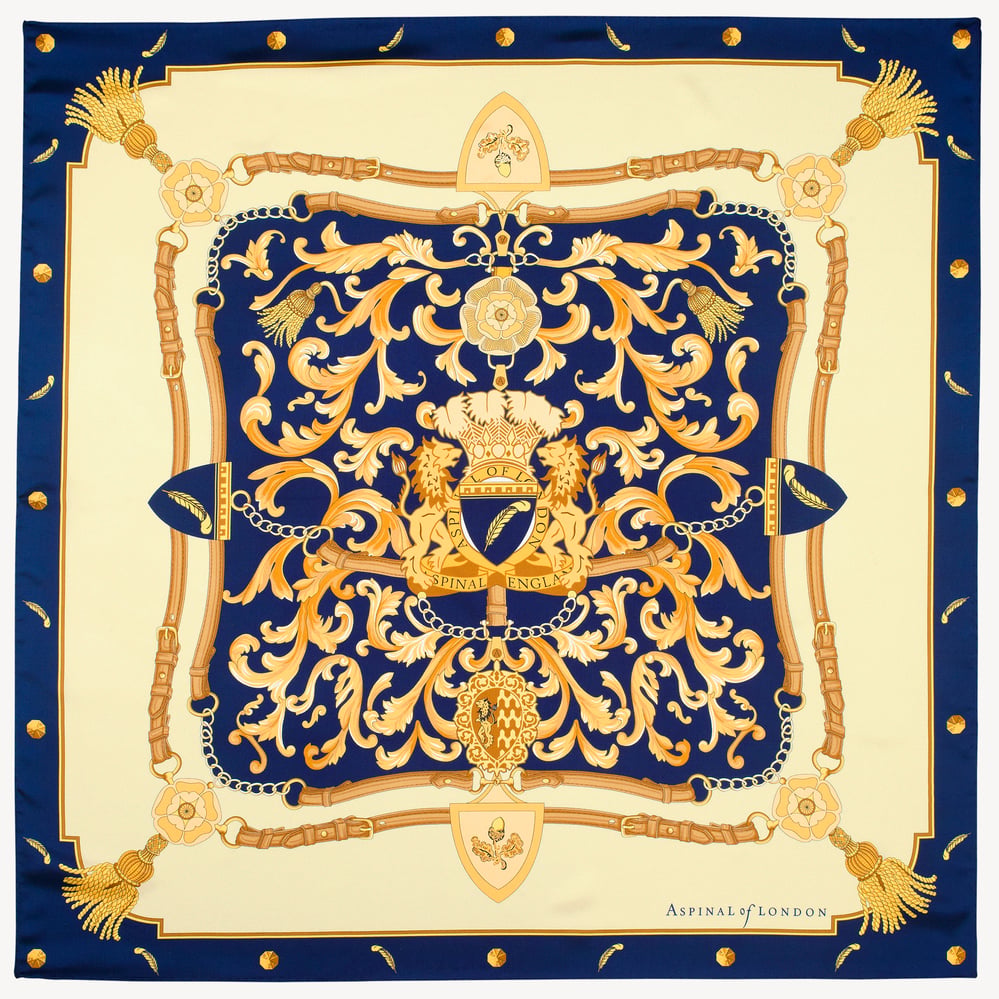 Aspinal Signature Shield Silk Scarf Navy Pure Silk