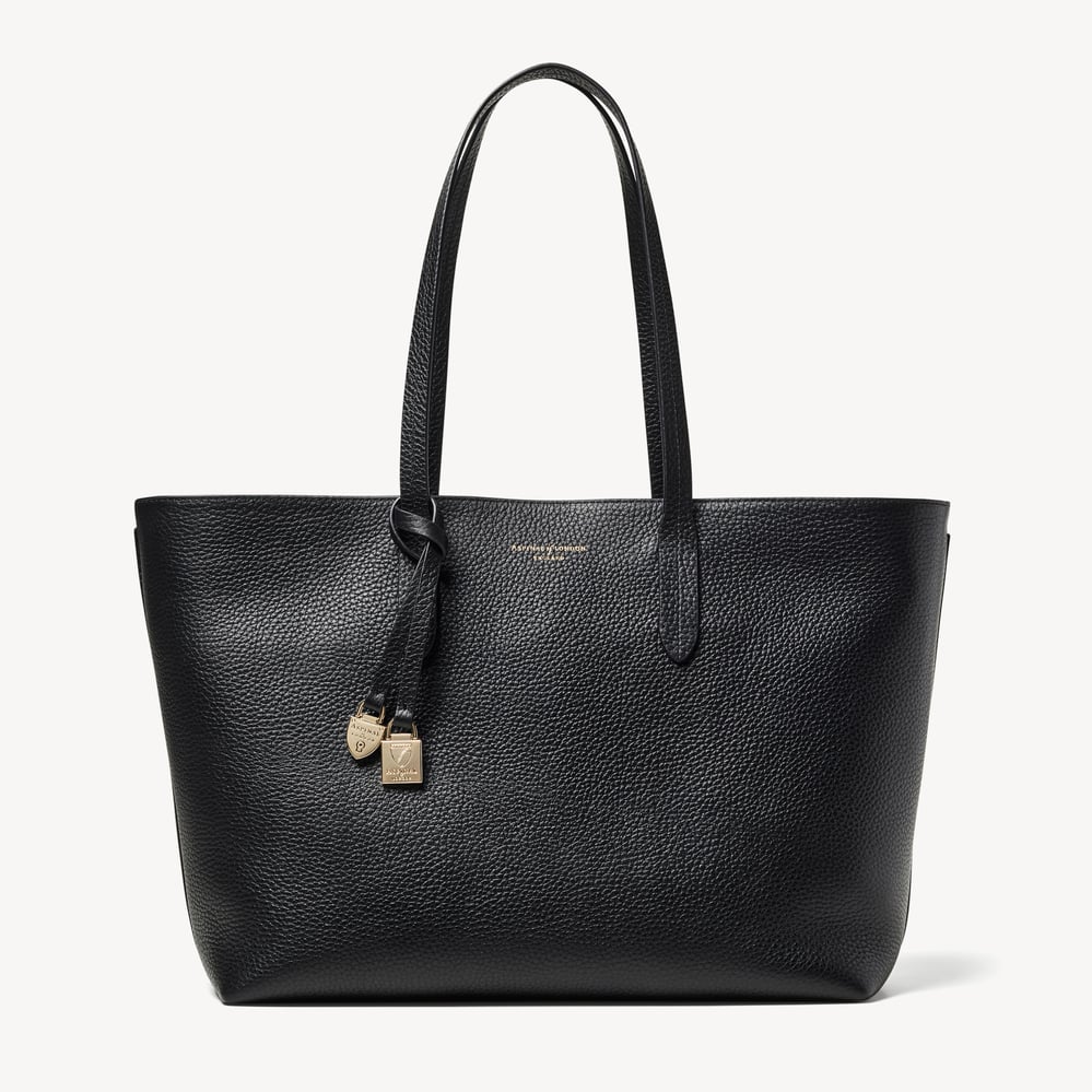 Zipped East West Tote with Shield Charm Black Pebble