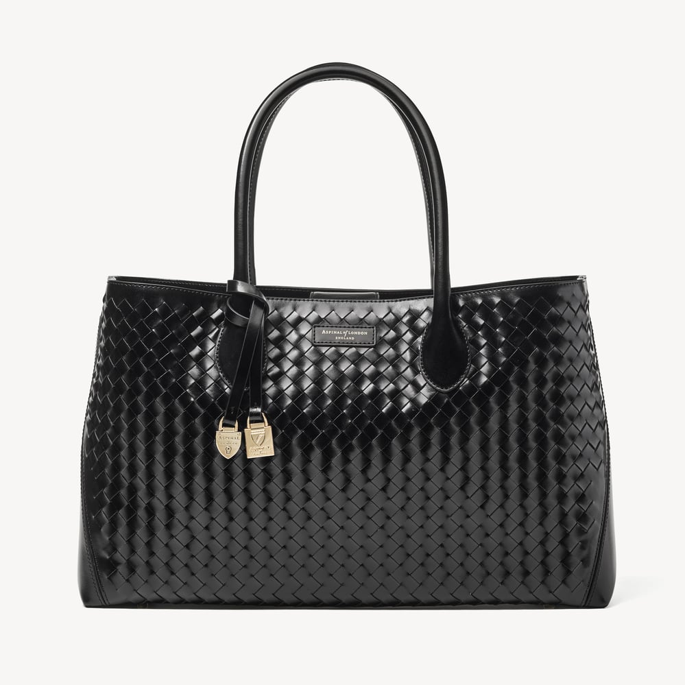 London Tote Black Deep Shine Woven Leather