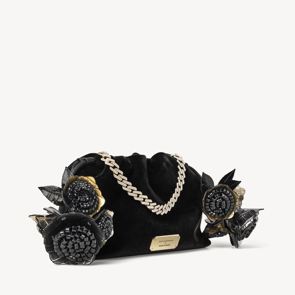 Kathleen Clutch Black Velvet with Metallic Rose Tassel Charms