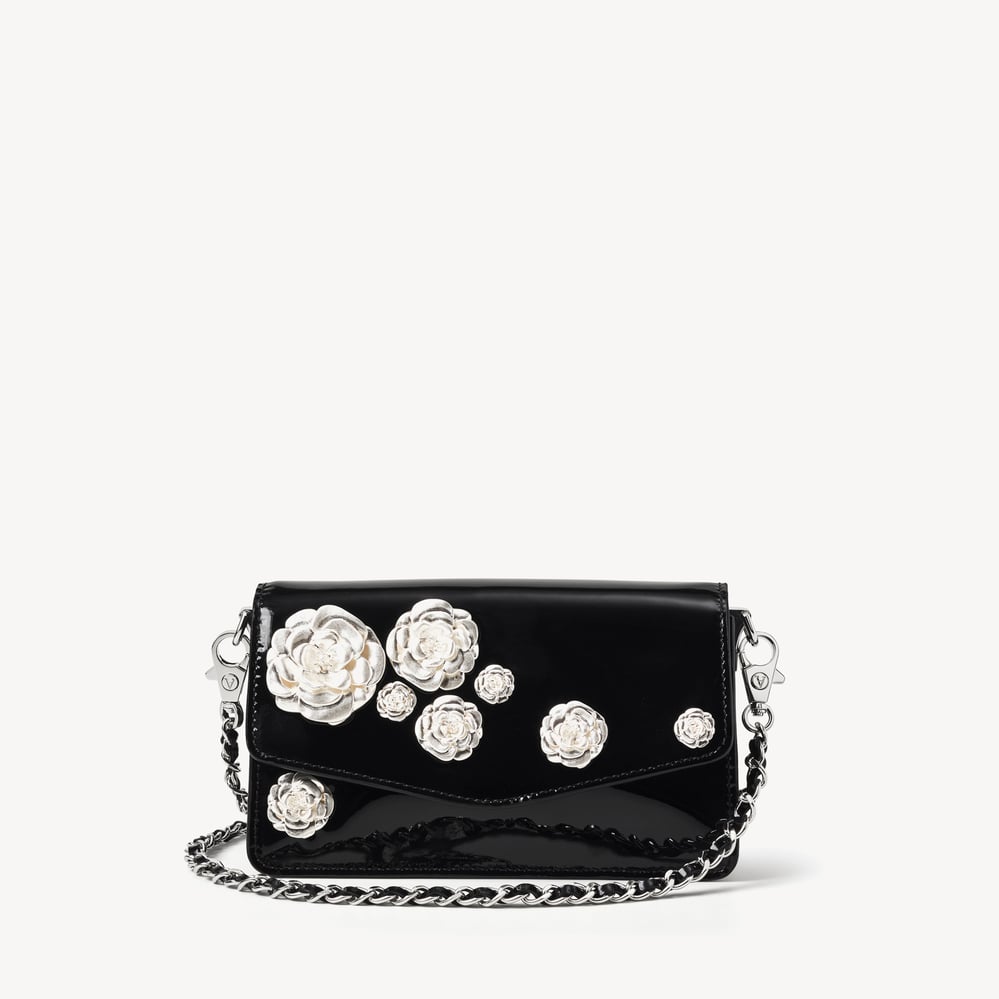 Sophie Clutch Black Patent with Silver Rose Embellishments