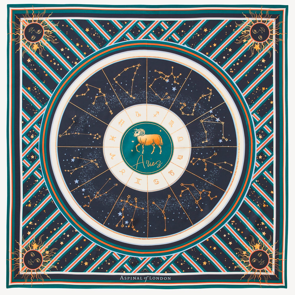 Aries Zodiac Silk Scarf Navy Pure Silk