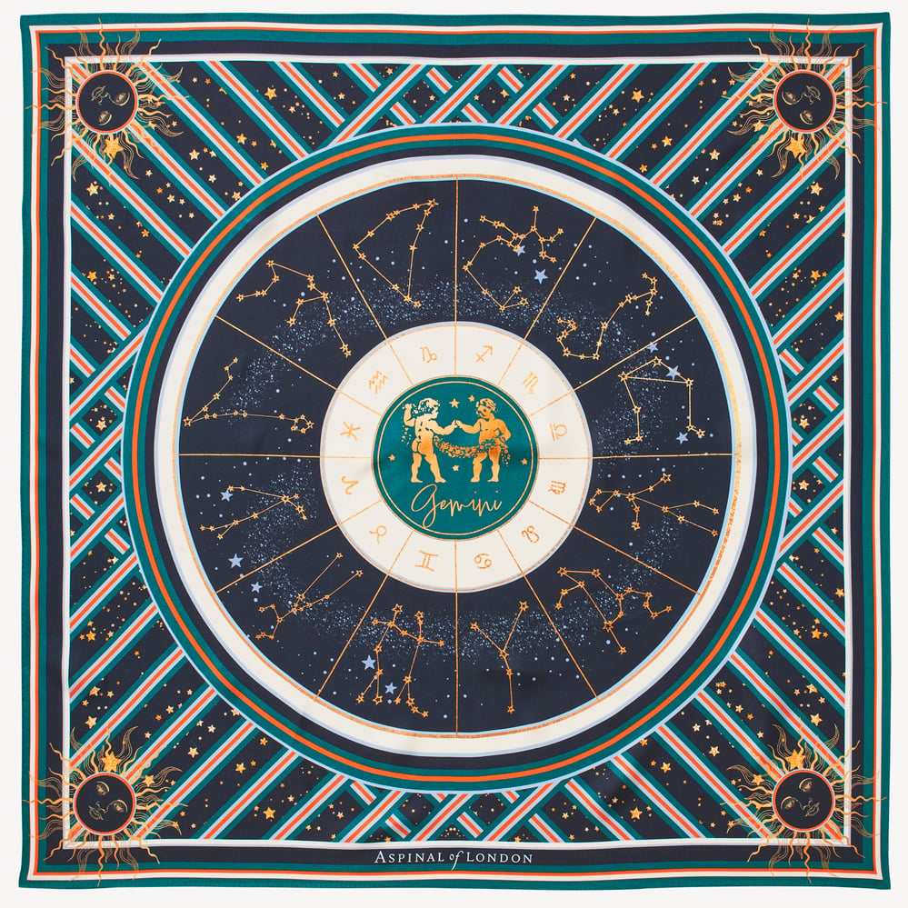 Gemini Zodiac Silk Scarf Navy Pure Silk