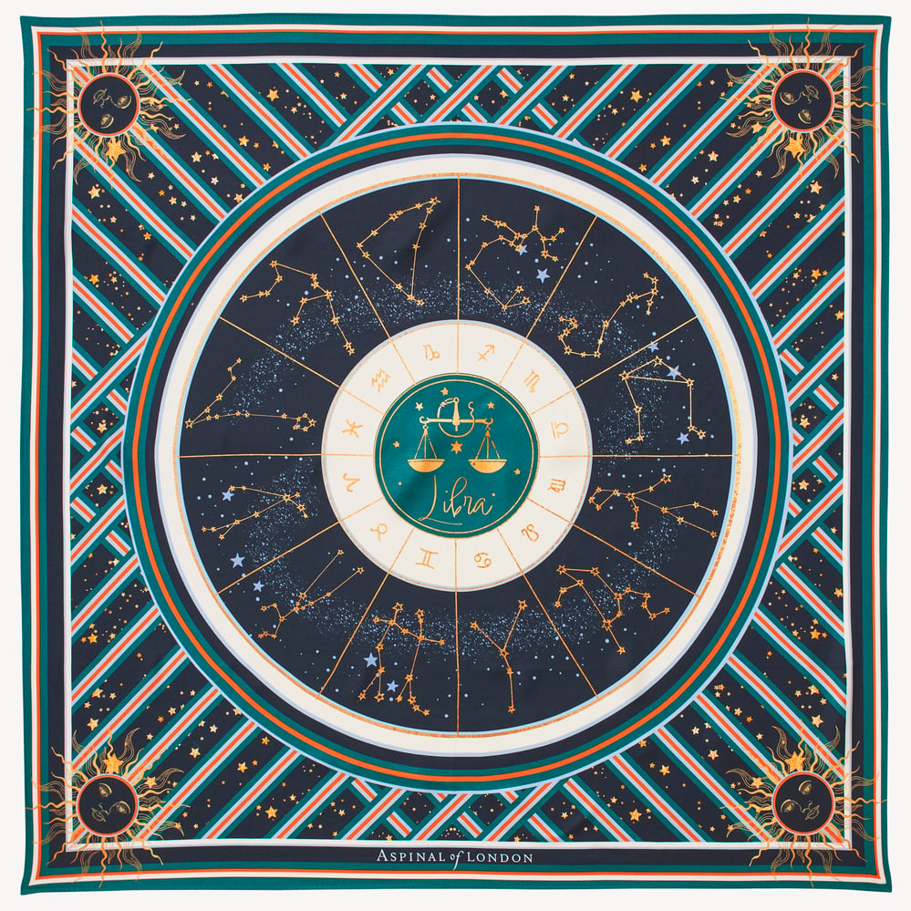 Libra Zodiac Silk Scarf Navy Pure Silk