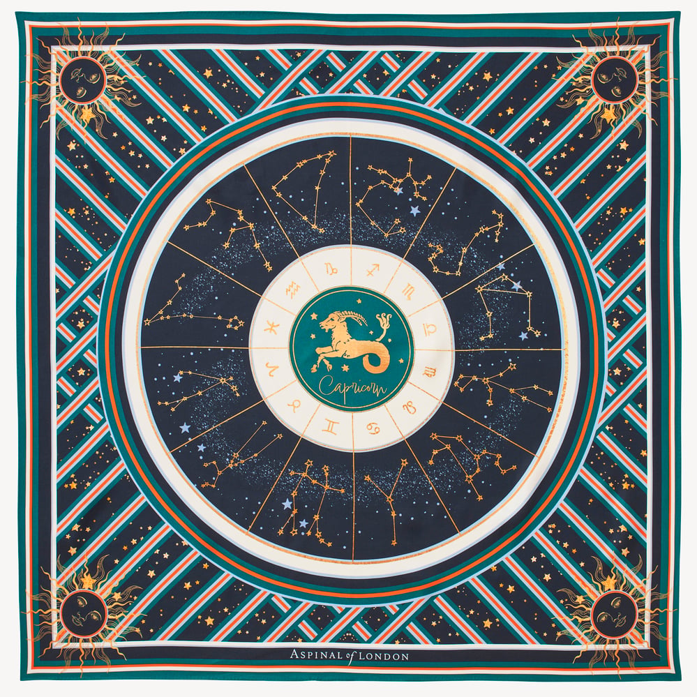 Capricorn Zodiac Silk Scarf Navy Pure Silk