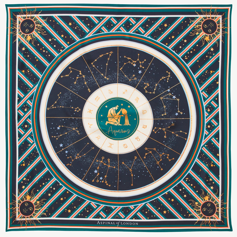 Aquarius Zodiac Silk Scarf Navy Pure Silk