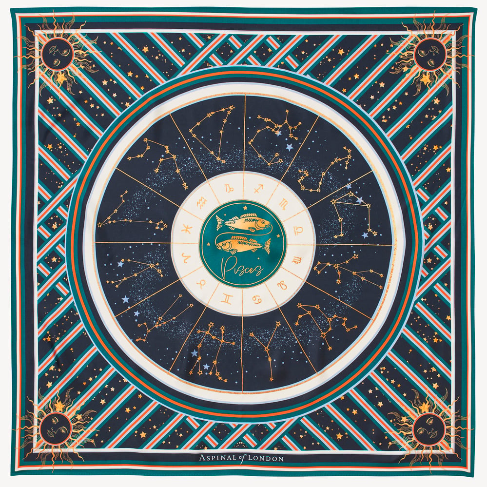 Pisces Zodiac Silk Scarf Navy Pure Silk