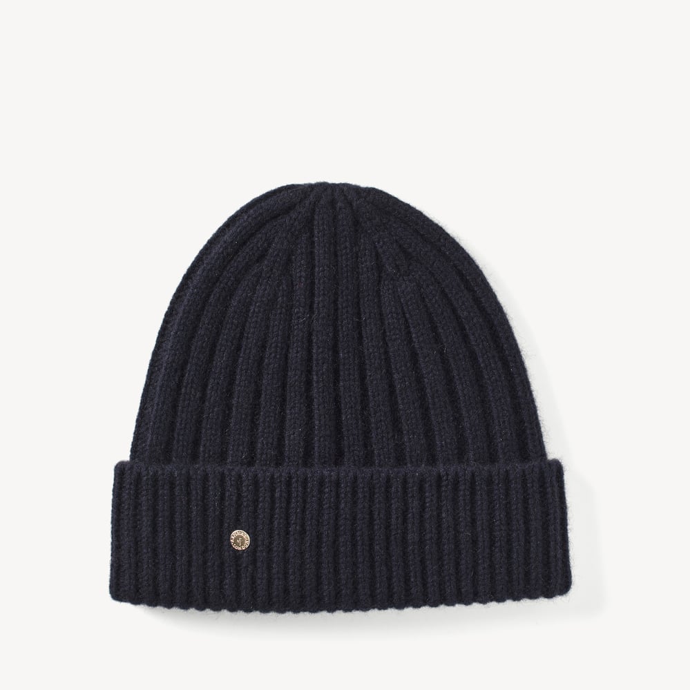 Chunky Ribbed Cashmere Beanie Hat Navy Cashmere