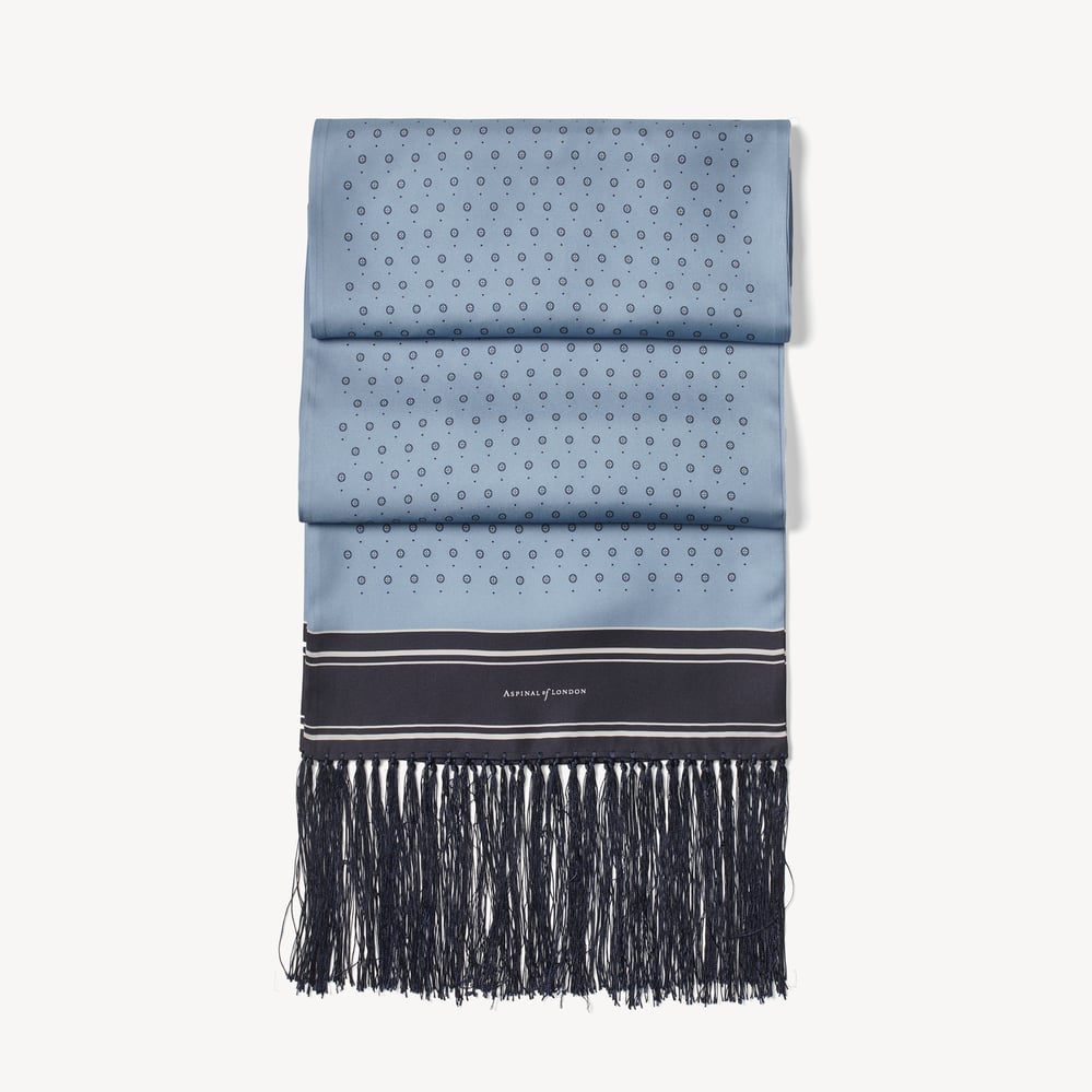 Pure Silk Tassel Scarf Pale Blue Circle Paisley
