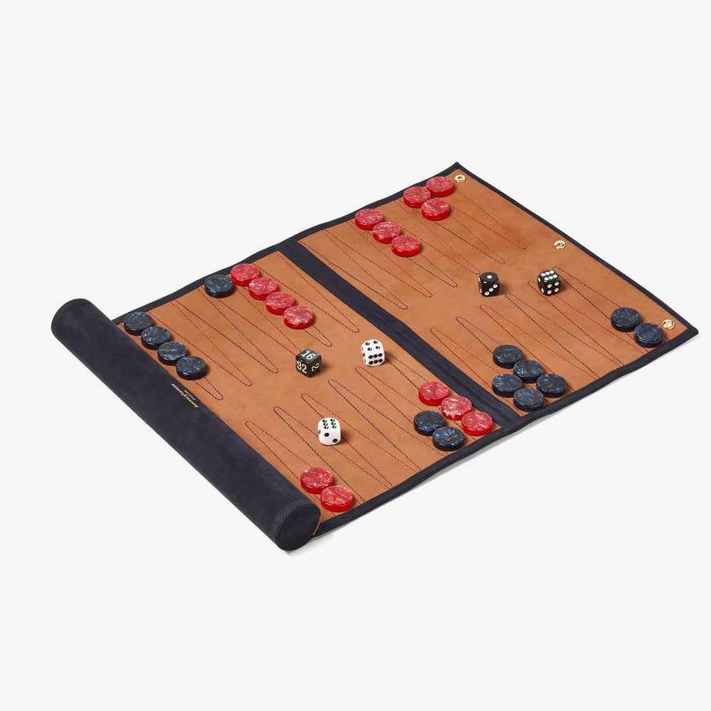 Travel Backgammon Set Navy & Cappucino Suede