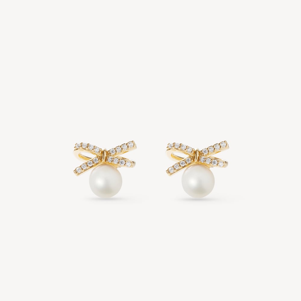 Diamond & Pearl Bow Stud Earrings 0.16ct Diamond
