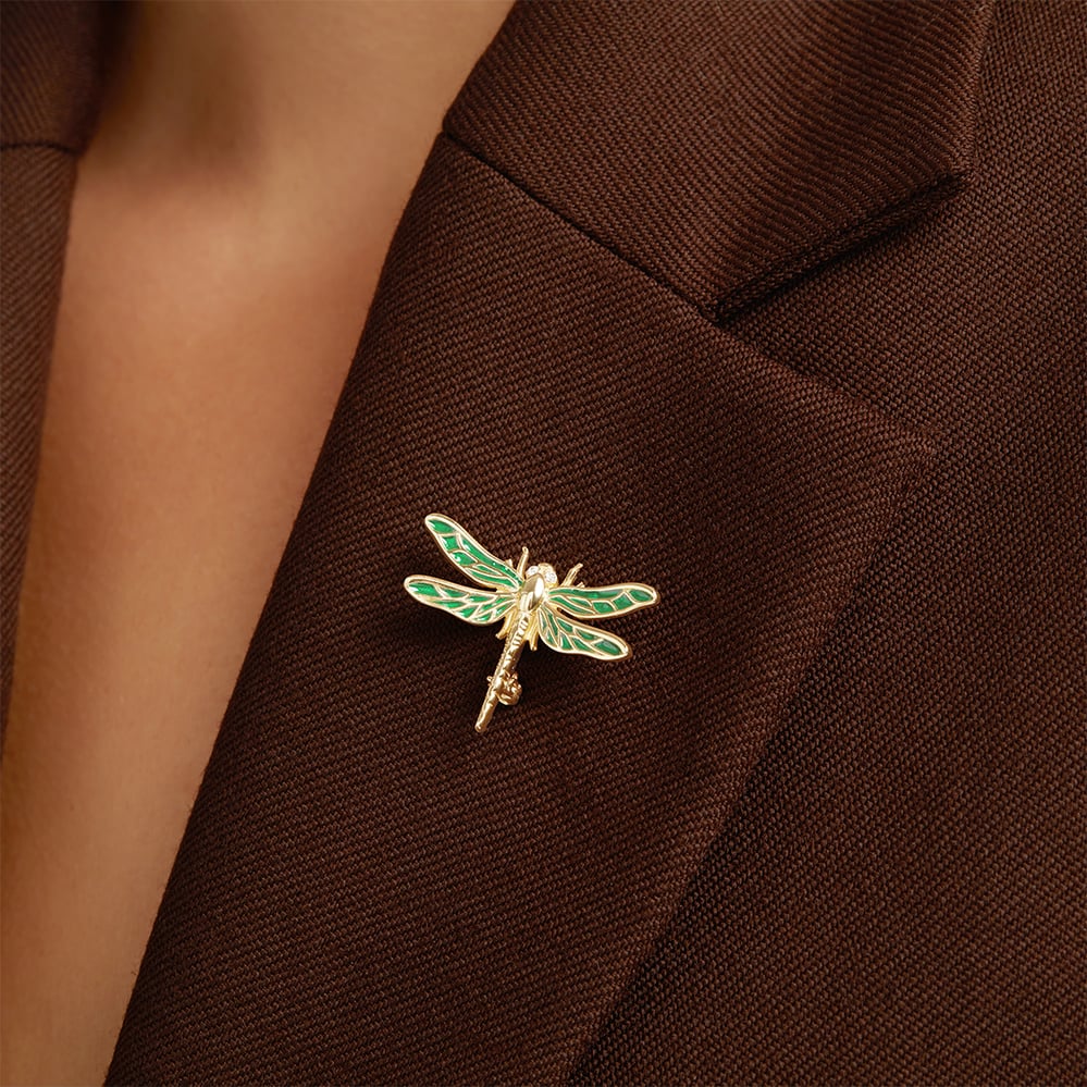 Dragonfly Brooch Green Enamel & 18ct Gold Plated