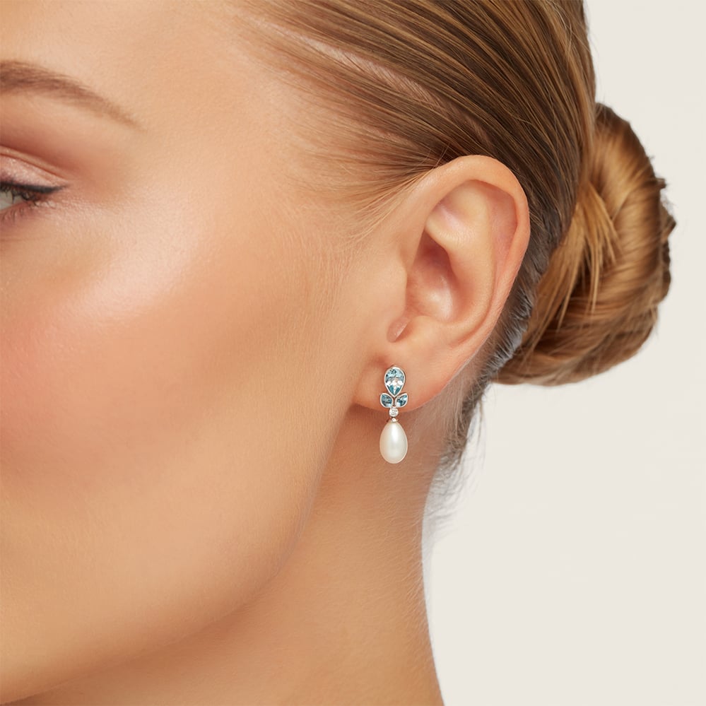 Floral Earrings Freshwater Pearl, 0.04ct Diamond