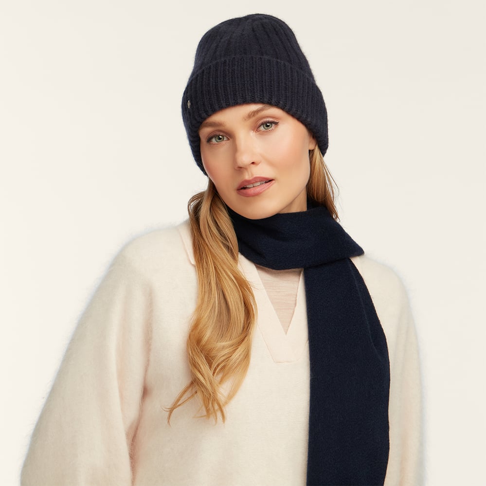 Chunky Ribbed Cashmere Beanie Hat Navy Cashmere