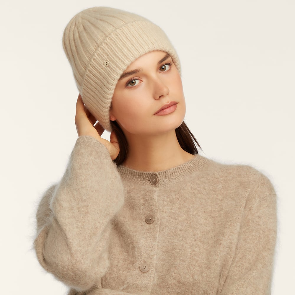 Chunky Ribbed Cashmere Beanie Hat Oatmeal Melange Cashmere