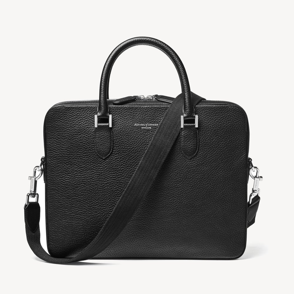 Slim Leather Briefcase Black Pebble