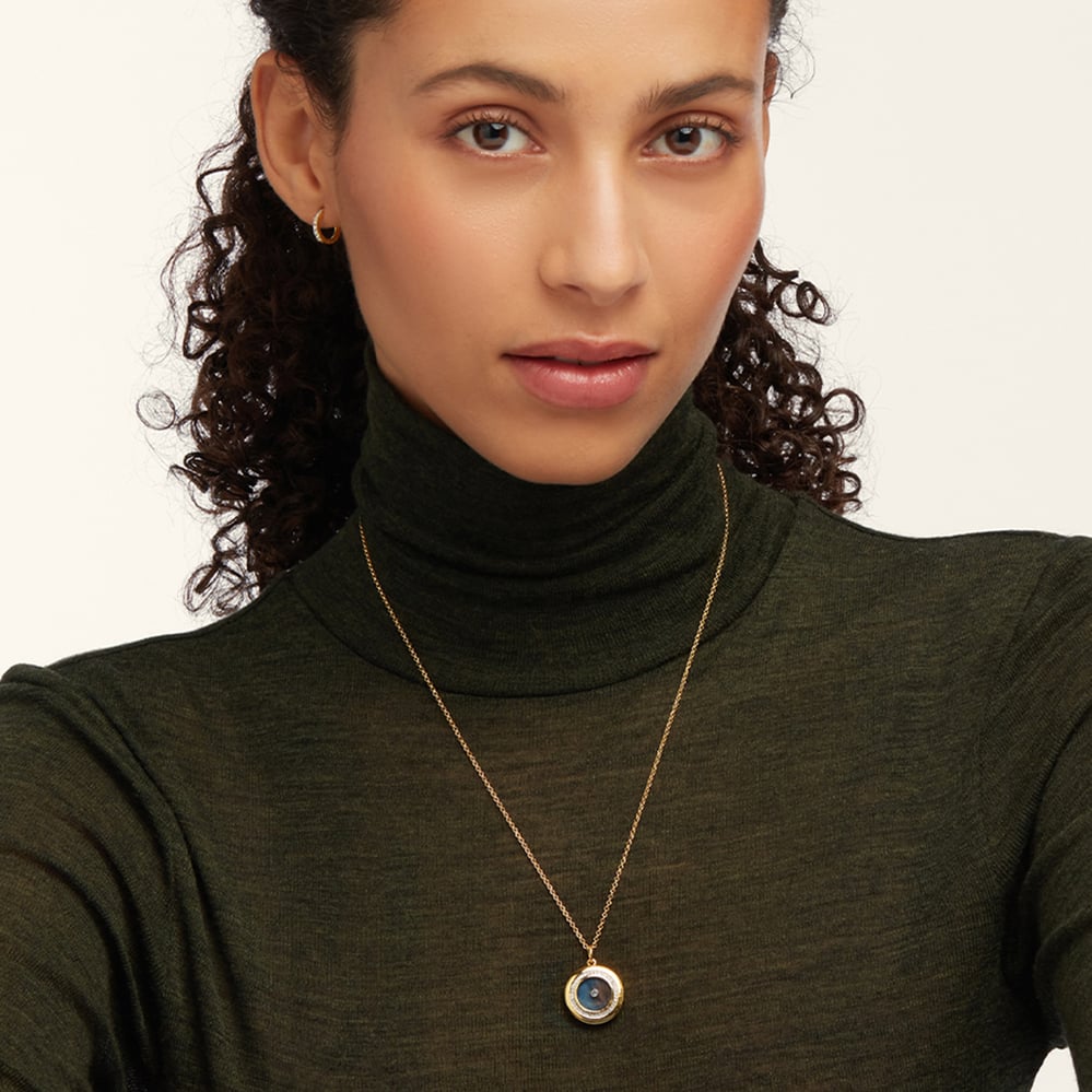 Round Locket Necklace Labradorite, White Topaz & 18ct Gold Vermeil