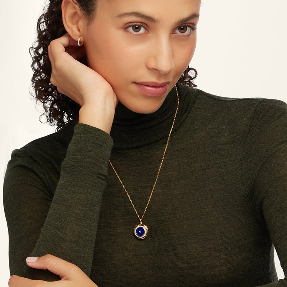 Round Locket Necklace Lapis Lazuli, White Topaz & 18ct Gold Vermeil