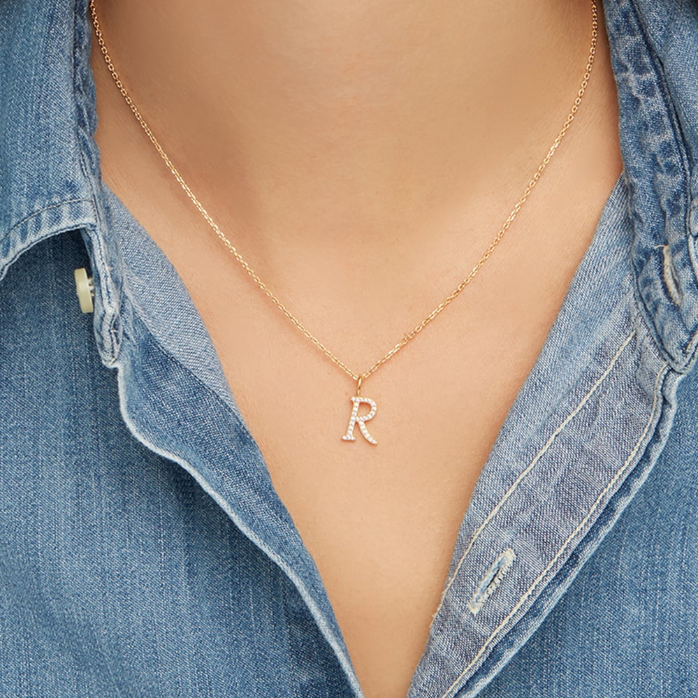 Diamond Initial R Necklace 0.120ct Diamond