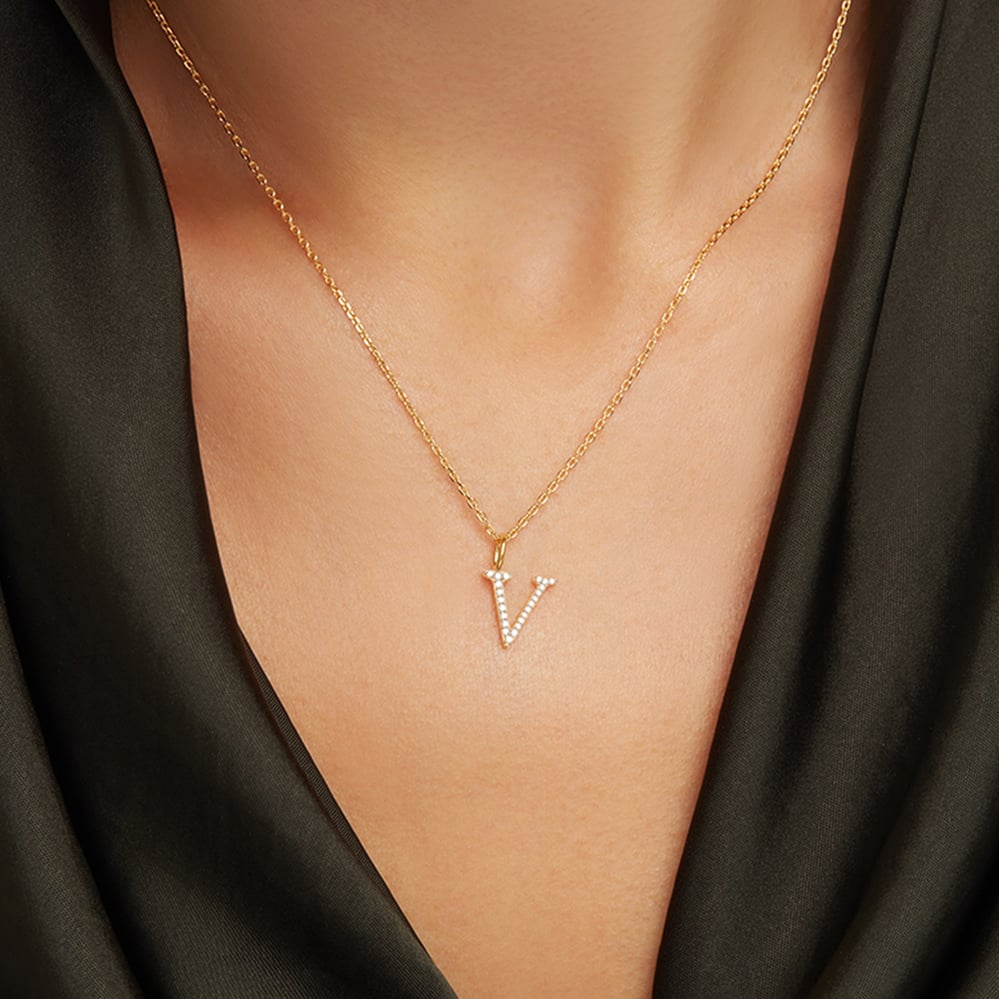 Diamond Initial V Necklace 0.107ct Diamond