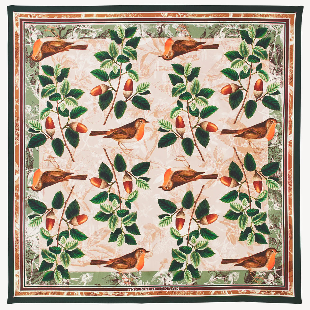 Robin & Acorn Silk Scarf Green & Brown Pure Silk