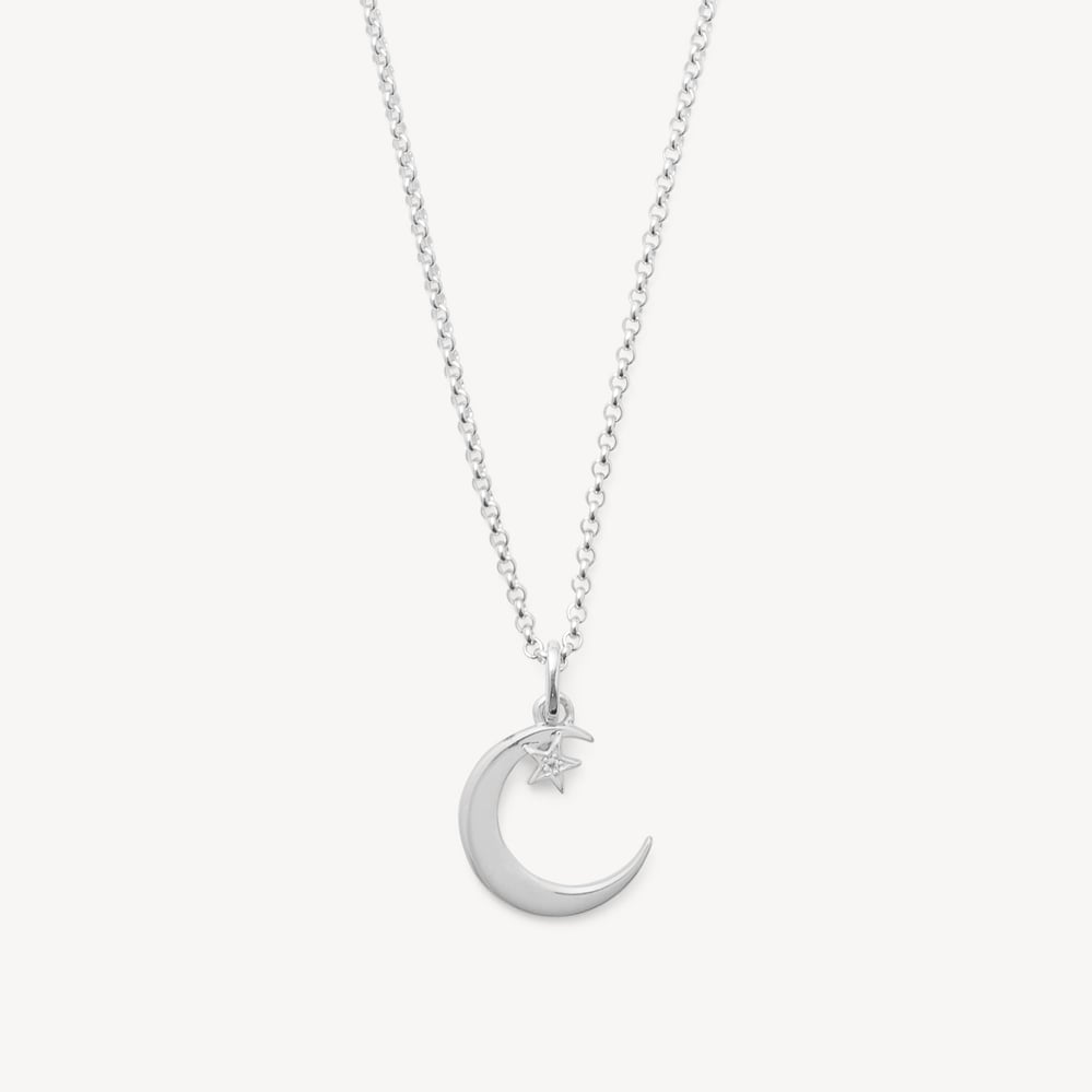 Crescent Moon & Star Pendant Necklace Sterling Silver 925