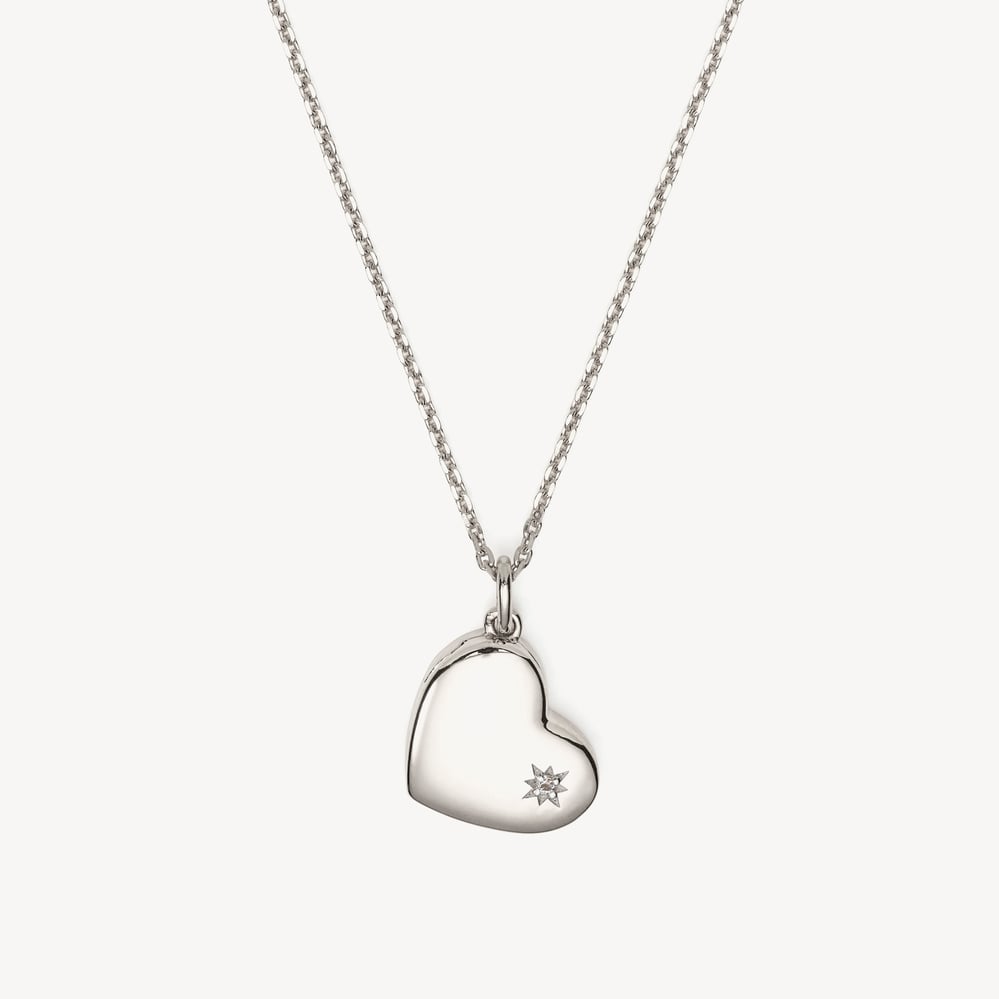Star Set Heart Locket Necklace Sterling Silver 925