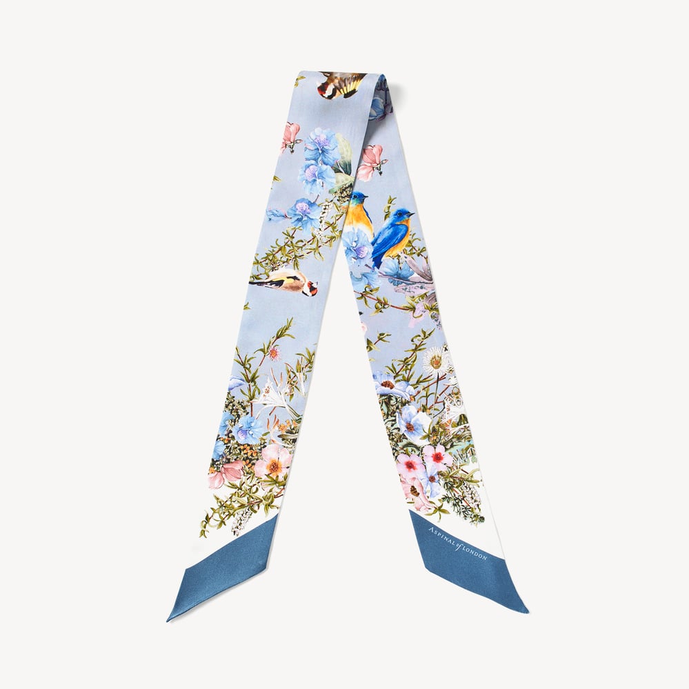Edwardian Garden Skinny Silk Scarf Sky Blue Pure Silk