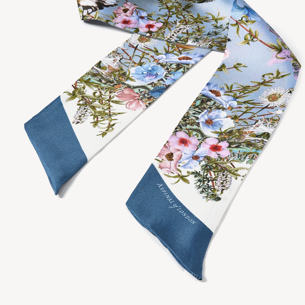 Edwardian Garden Skinny Silk Scarf Sky Blue Pure Silk