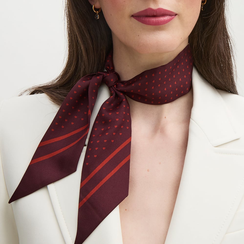 Skinny Silk Scarf Cherry Red Hearts Pure Silk