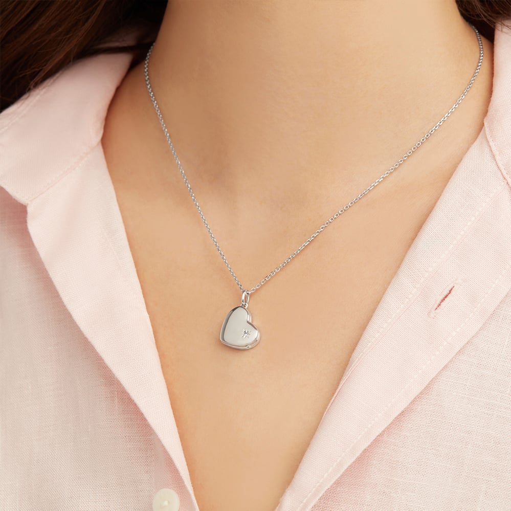 Star Set Heart Locket Necklace Sterling Silver 925
