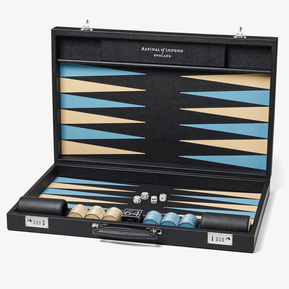 24-inch Grand Backgammon Set Ebony & Sky Blue Pebble
