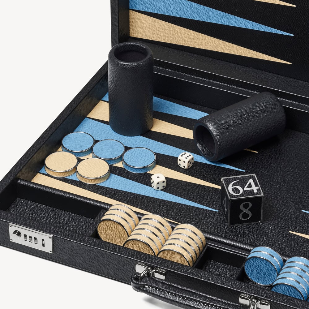 24-inch Grand Backgammon Set Ebony & Sky Blue Pebble