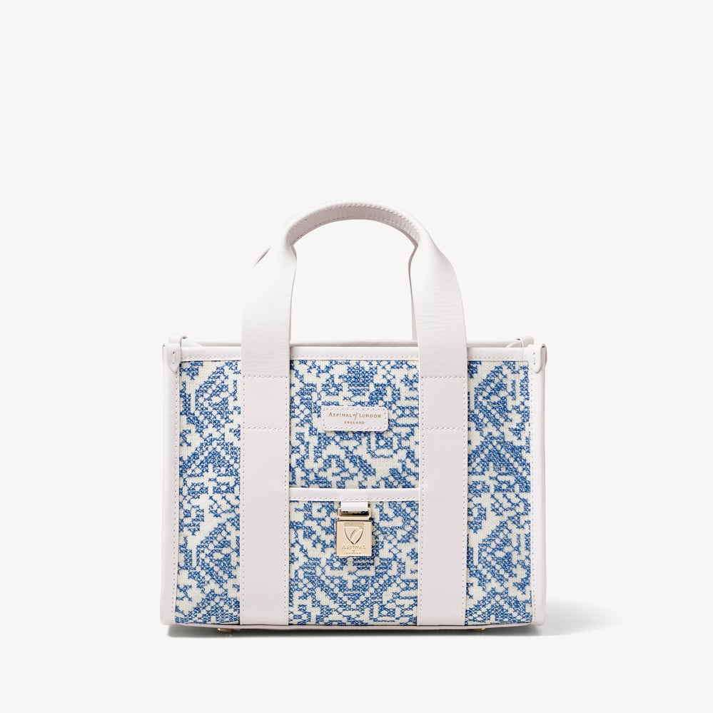Mini Henley Tote Sky Blue Toile De Jouy Hand Embroidery